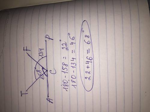 Из вершины развёрнутого угла acp проведены два луча CT и CF так что ACF=158° TCP=134° вычислите вели