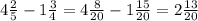 4 \frac{2}{5} - 1 \frac{3}{4} = 4 \frac{8}{20} - 1 \frac{15}{20} = 2 \frac{13}{20}