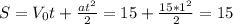 S = V_{0}t +\frac{at^{2} }{2} = 15+\frac{15*1^{2} }{2} = 15