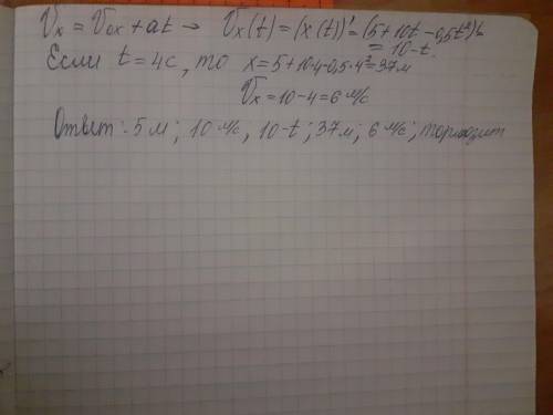 Движение тела заданно уравнением х=5+10t-0,5t^2. определите: 1.начяльную координату тела 2.начяльную