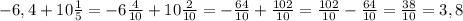 -6,4+10\frac{1}{5}= -6\frac{4}{10}+10\frac{2}{10}=-\frac{64}{10}+\frac{102}{10}= \frac{102}{10} -\frac{64}{10}=\frac{38}{10}=3,8