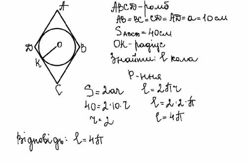 Знайти довжину кола, вписаного в ромб із стороною 10 і площею 40.