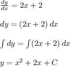 \frac{dy}{dx}=2x+2\\\\ dy=(2x+2)\,dx\\\\\int dy=\int(2x+2)\,dx\\\\y=x^2+2x+C
