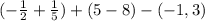 (-\frac{1}{2} + \frac{1}{5}) + (5 - 8) - (-1,3)