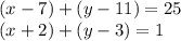 (x - 7)+(y - 11)=25\\(x + 2)+(y - 3)=1