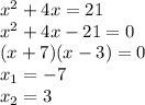 x^{2}+4x=21\\x^{2}+4x-21=0\\(x+7)(x-3)=0\\x_{1}=-7\\x_{2}=3