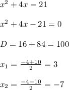 x^{2}+4x=21\\\\x^{2}+4x-21=0\\\\D=16+84=100\\\\x_{1}=\frac{-4+10}{2} =3\\\\x_{2}=\frac{-4-10}{2} =-7