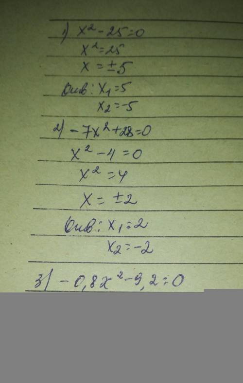 Найдите корни неполного квадратного уравнения 1) х2 - 25 = 0 2) -7х2 + 28 = 0 3) -0,8х2 - 9,2 = 0 4)