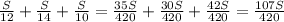 \frac{S}{12} +\frac{S}{14} +\frac{S}{10} =\frac{35S}{420} +\frac{30S}{420} +\frac{42S}{420}=\frac{107S}{420}