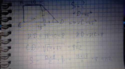 Знайдіть площу прямокутної трапеції з основами 10 см і 18 см якщо її більша бічна сторона утворює з