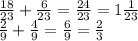 \frac{18}{23} + \frac{6}{23} = \frac{24}{23} = 1 \frac{1}{23} \\ \frac{2}{9} + \frac{4}{9} = \frac{6}{9} = \frac{2}{3}