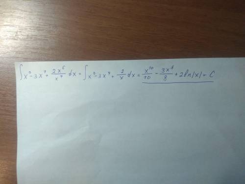 Найти методом непосредственного интегрирования. интеграл.x^9-3x^7+2x^6/x^7dx