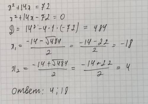 Очень маленькое уравнение решите с решением х*х+14х=72