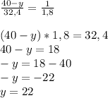 \frac{40-y}{32,4} =\frac{1}{1,8}\\\\(40-y)*1,8=32,4\\40-y=18\\-y=18-40\\-y=-22\\y=22