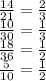 \frac{14}{21} = \frac{2}{3} \\ \frac{10}{30} = \frac{1}{3} \\ \frac{18}{36} = \frac{1}{2} \\ \frac{5}{10} = \frac{1}{2}