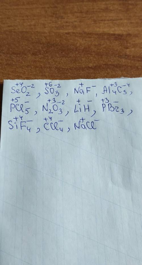 определить степень окисления неметаллов в данных соединениях: SeO2; SO3; NaF; Al4C3; PCl5; N2O3; LiH