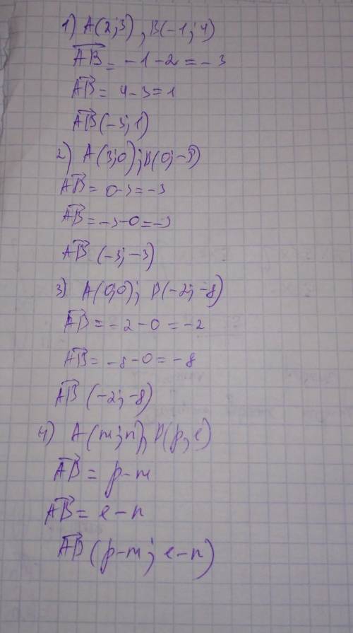 198. Знайдіть координати вектора AB, якщо: 1) А(2; 3), B(-1; 4);3) А(0; 0), B(-2; -8);2) А(3; 0), B(
