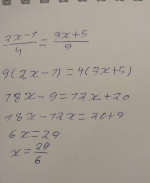 Решите уравнение 2 x-1/4=3x+5/9 используя основное свойство пропорции​