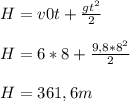 H=v0t+\frac{gt^{2} }{2} \\\\H=6*8+\frac{9,8*8^{2} }{2}\\\\H=361,6m