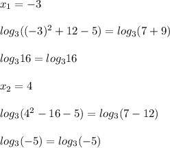 x_1=-3\\ \\ log_3((-3)^2+12-5)=log_3(7+9)\\ \\ log_316=log_316\\ \\ x_2=4\\ \\ log_3(4^2-16-5)=log_3(7-12)\\\\ log_3(-5)=log_3(-5)