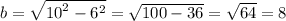 b = \sqrt{ {10}^{2} - {6}^{2} } = \sqrt{100 - 36} = \sqrt{64} = 8
