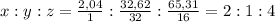 x : y : z = \frac{2,04}{1} : \frac{32,62}{32} : \frac{65,31}{16} = 2 : 1 : 4