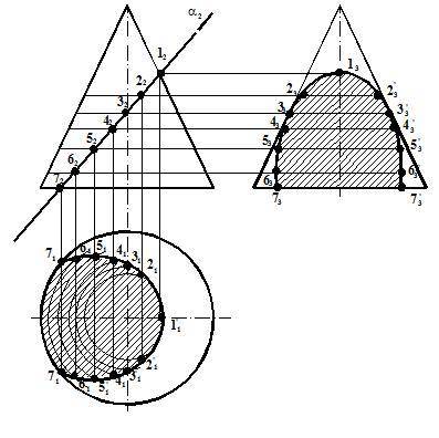 Задача 1. Построить проекции линии пересечения поверхности плоскостью Р.Задача 2. Определить натурал