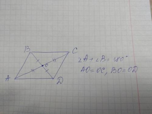 1 Нарисовать параллелограмму уголА+угол В =180. 2) Параллелограмму нарисовать ,где О-середина диагон