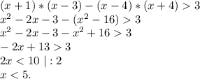 (x+1)*(x-3)-(x-4)*(x+4)3\\x^2-2x-3-(x^2-16)3\\x^2-2x-3-x^2+163\\-2x+133\\2x
