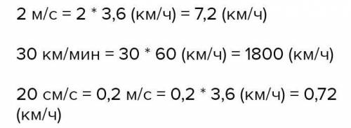 Подайте в кілометрах за годину: 2 м/с;30 км/ хв;20 см/ с.​