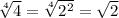 \sqrt[4]{4} = \sqrt[4]{ {2}^{2} } = \sqrt{2}