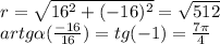 r=\sqrt{16^2+(-16)^2} =\sqrt{512} \\artg\alpha(\frac{-16}{16})=tg(-1)=\frac{7\pi }{4}