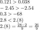 0.121 0.038 \\ - 2.45 - 2.54 \\ 0.3 - 68 \\ 2.8 < 2.(8) \\ 2.(8) = \frac{28 - 2}{9} = \frac{26}{9}
