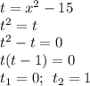 t = x^{2} - 15 \\ t^{2} = t \\ {t}^{2} - t = 0 \\ t(t - 1) = 0 \\ t_{1} = 0 ; \: \: t_{2} = 1