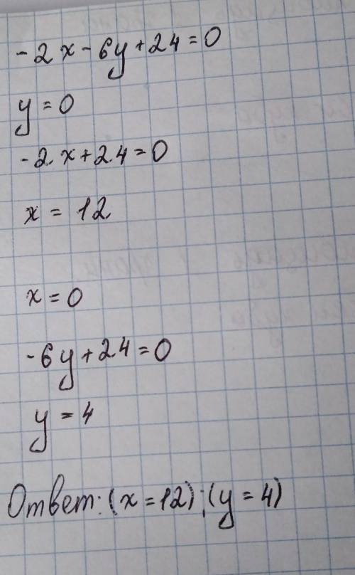 Дана прямая, уравнение которой −2x−6y+24=0. Найди координаты точек, в которых эта прямая пересекает