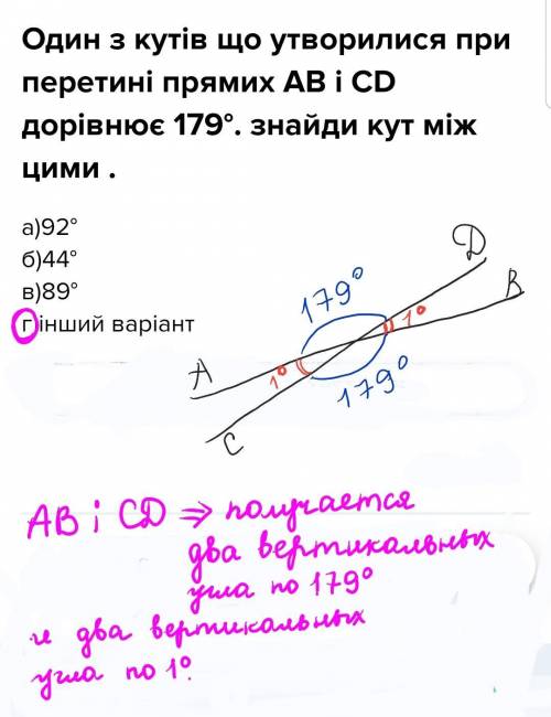 Один з кутів що утворилися при перетині прямих АВ і СD дорівнює 179°. знайди кут між цими . а)92°б)4
