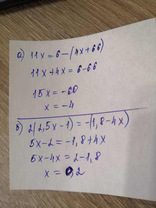 Найдите корень уравнения: (запишите решение и ответ) a) 11x = 6 − (4x + 66) б)2(2,5x − 1) = −(1,8 −