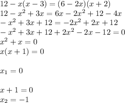 12-x(x-3)=(6-2x)(x+2)\\12-x^2+3x=6x-2x^2+12-4x\\-x^2+3x+12=-2x^2+2x+12\\-x^2+3x+12+2x^2-2x-12=0\\x^2+x=0\\x(x+1)=0\\\\x_{1}=0\\\\x+1=0\\x_{2}=-1