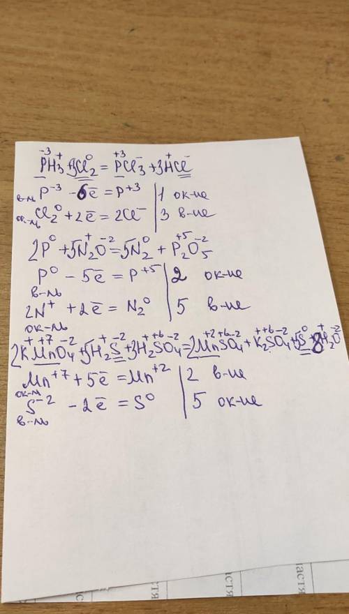 Уравнять реакции 1. PH3 + CL2 = PCL3 + HCL2. P + N2O = N2+ P2053. KMnO4 + H2S + H2SO4 = MnSO4 + K2SO