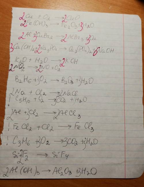 Расставьте коэффициенты( ) Cu + 02 → CuO Fe(OH)3 → Fe203 + Н20 Al + CuBr2 → АlBr3 + Сu Ca(OH)2 + Na3