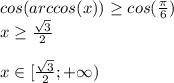 cos(arccos(x))\geq cos(\frac{\pi}{6} )\\x\geq \frac{\sqrt{3} }{2} \\\\x \in [\frac{\sqrt{3} }2}; + \infty)