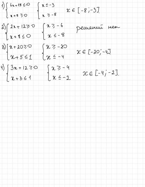 Решите системы линейных неравенств. 6x+18≤0, x+8≥0 2x+12≥0, x+8≤0 x+20≥0, x+5≤1 3x+12≥0, x+3≤1