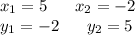 x_1=5 \ \ \ \ \ x_2=-2\\y_1=-2 \ \ \ \ \ y_2=5