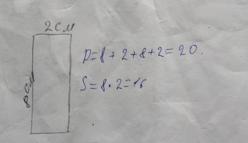 Начерти прямоугольник ABCD, длины сторон которого 8 см и 2 см найди его площадь и периметр​