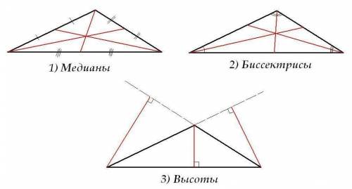 Начертите тупоугольный треугольник. Начертите в нём медиану,высоту,биссектрису.
