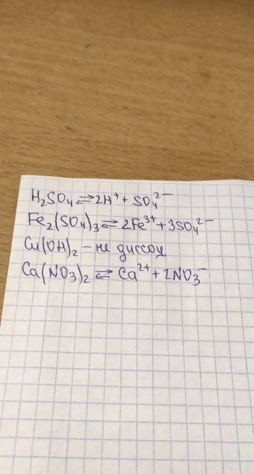 Составить уравнения диссоциации предложенных веществ: H2SO4, Fe2(SO4)3, Cu(OH)2, Ca(NO3)2.