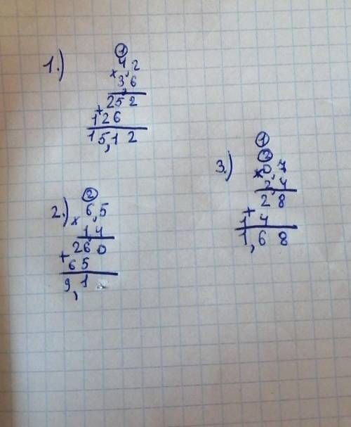 4,2*3,6=6,5*1,4=0,7*2,4=умножение десятичных дробей решите столбиком​