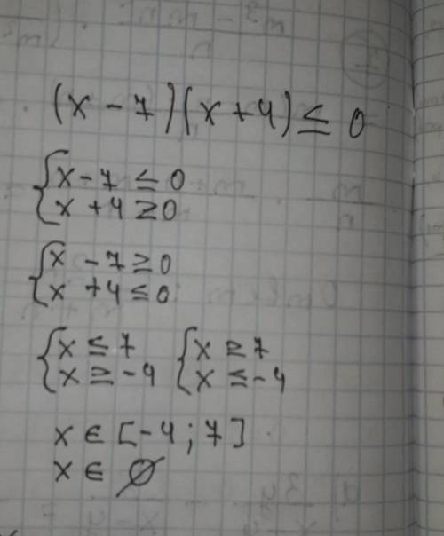 Розв'яжіть нерівність: (x-7)(х+4)≤0​