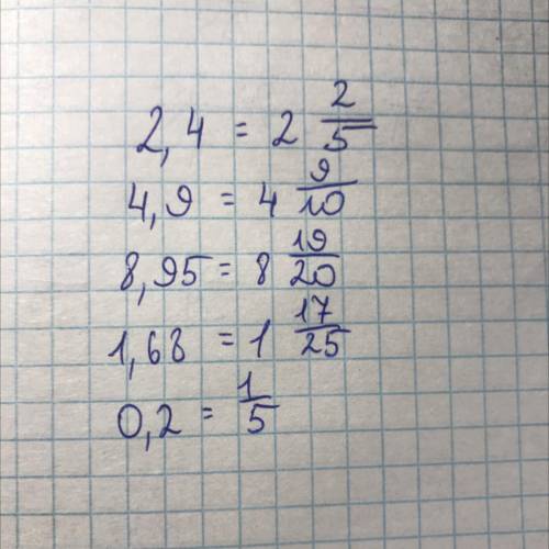 Запиши в виде обыкновенной дроби 2,4= 4,9= 8,95= 1,68= 0,2=