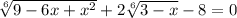\sqrt[6]{9-6x+x^2}+2\sqrt[6]{3-x}-8=0
